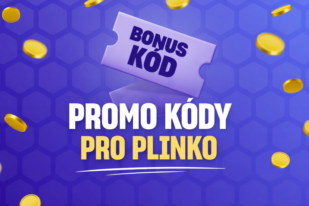 Grafika s nápisem promo kódy pro Plinko a bonus kód na voucheru s padajícími mincemi na modrém pozadí