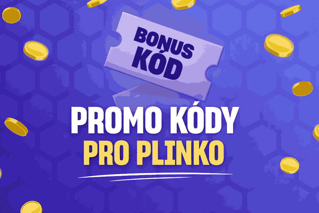 Grafika s nápisem promo kódy pro Plinko a bonus kód na voucheru s padajícími mincemi na modrém pozadí