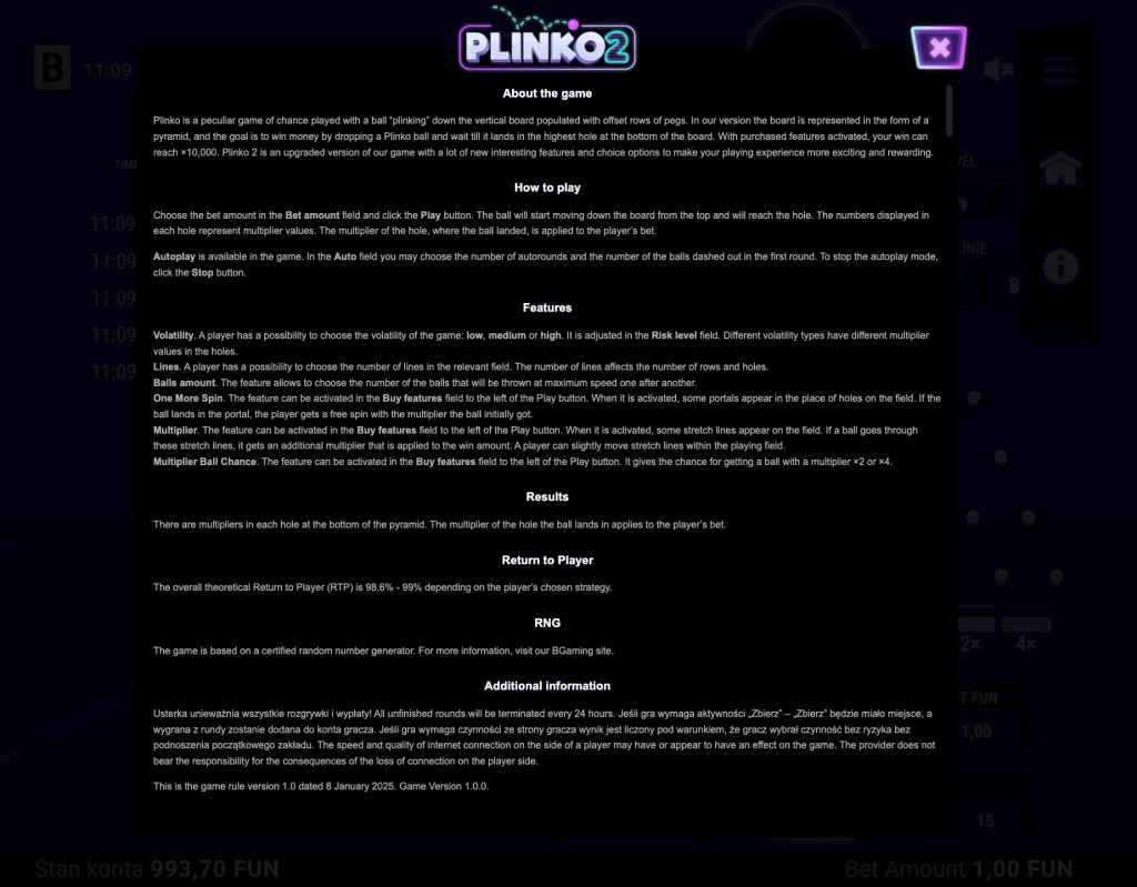 RTP a volatilita 2 Plinko