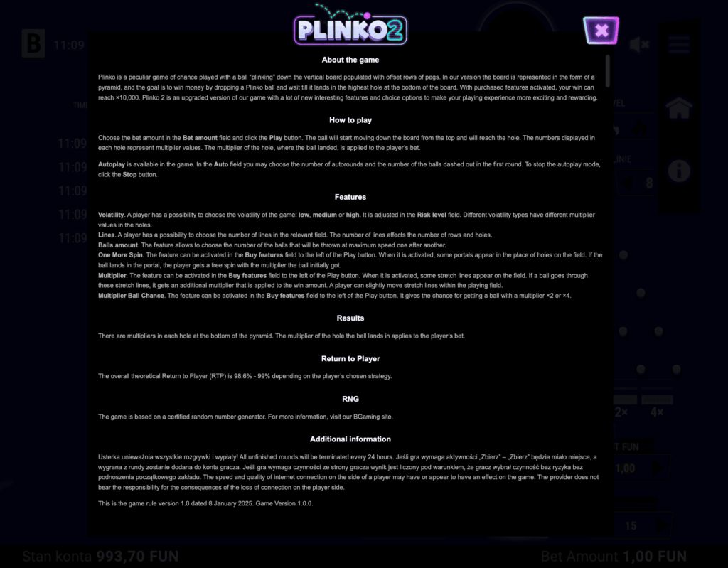 RTP a volatilita 2 Plinko