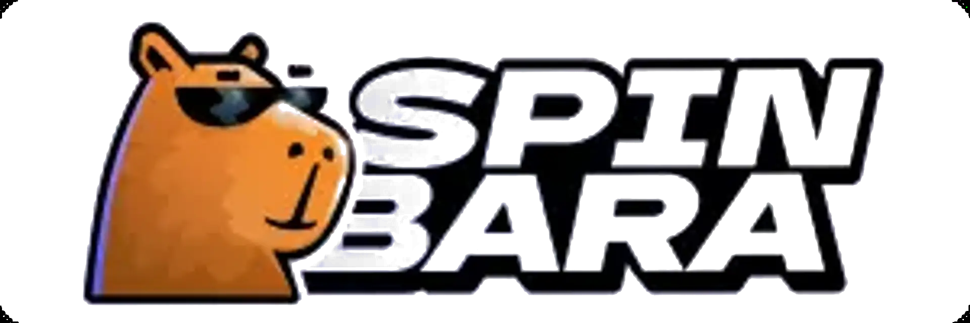 Logo Spinbara s kreslenou kapybarou v brýlích a velkým nápisem na světlém pozadí